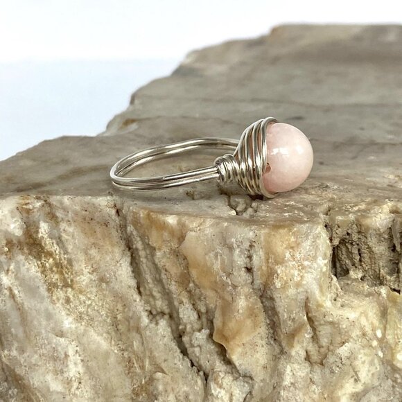 Sterling Silver Wire Wrapped 8MM Pink Rose Quartz Bead Ring Size 6.75 - Picture 7 of 16